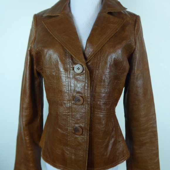 ARDEN B LEATHER brown blazer JACKET removable rabbit fur collar M fitted - Picture 2 of 12